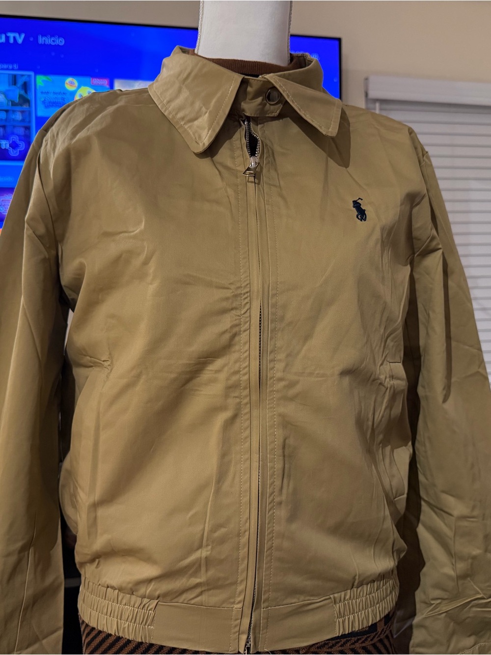 Tan Bomber Jacket with Navy  Logo